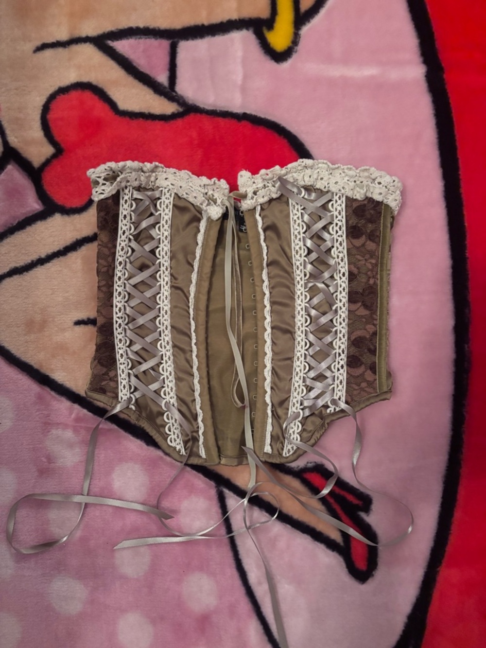 Lace-Trimmed Green/ Brown Corset Top